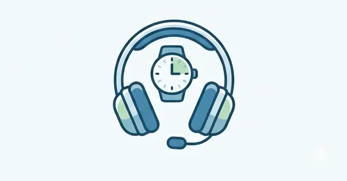 Un paio di cuffie moderne e stilizzate con un orologio sovrapposto. Rappresenta il supporto online e la gestione degli appuntamenti in autonomia.