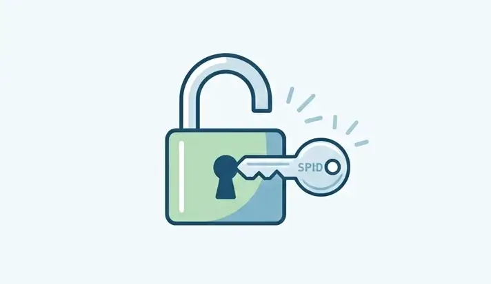 Un lucchetto stilizzato e parzialmente aperto, con una chiave digitale che ha l'acronimo 'SPID' inciso sopra. Simboleggia l'accesso autonomo e sicuro ai servizi online MyINPS.