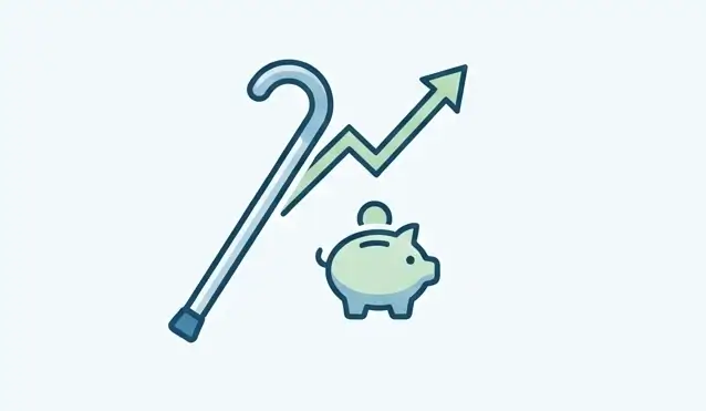 Un bastone da passeggio grazioso che si trasforma nel manico in un semplice grafico a crescita, posizionato accanto a un piccolo salvadanaio. Rappresenta il monitoraggio della pensione e dei contributi online.