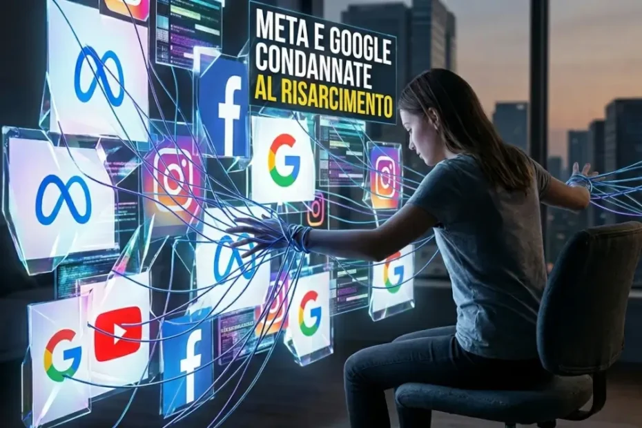 Una metafora visiva di una mano intrappolata in cavi luminosi che formano i loghi di Meta, Google, YouTube, Facebook e Instagram, con un titolo digitale in alto che recita 'META E GOOGLE CONDANNATE AL RISARCIMENTO'. L'atmosfera è drammatica e tech-journalism.