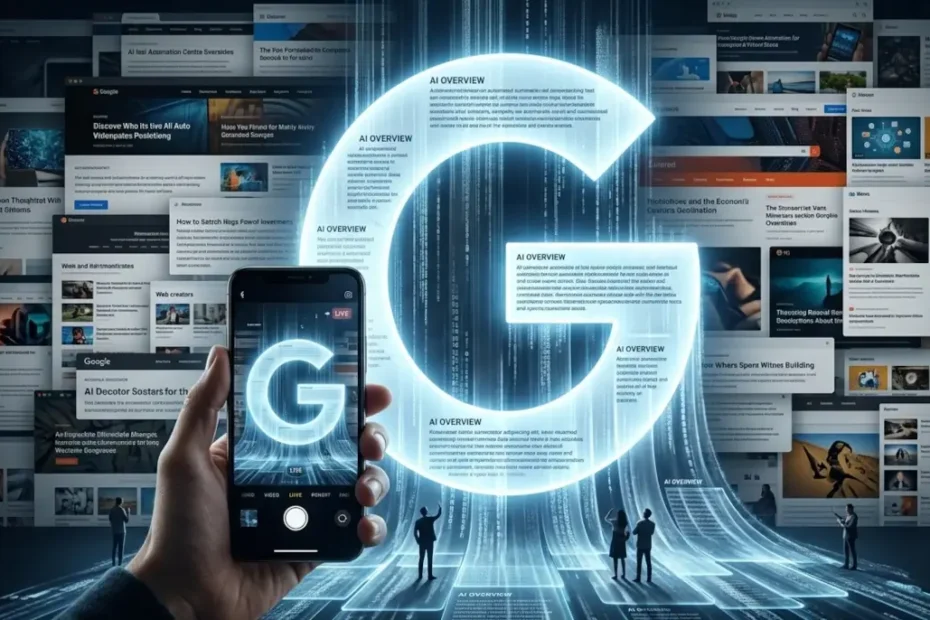 Una metafora visiva di un colossale logo Google che funge da barriera di dati e luce, coprendo e oscurando un intricato sfondo di siti web e creatori di contenuti, con l'AI che agisce come un intermediario che centralizza l'informazione.