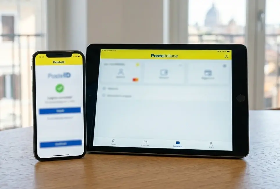 Immagine generata di uno smartphone e un tablet con aperti i servizi online di poste italiane.