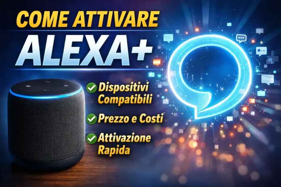 Immagine in evidenza con scritta grande “Come attivare Alexa+”. A sinistra un dispositivo Echo con anello luminoso blu, a destra il logo stilizzato di Alexa in versione digitale. Sul lato centrale elenco con spunte: “Dispositivi compatibili”, “Prezzo e costi”, “Attivazione rapida”. Sfondo tecnologico con luci e icone, colori vivaci e alto contrasto per massima leggibilità.