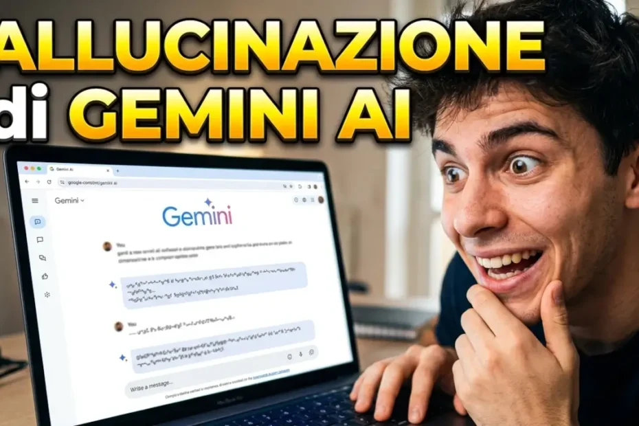Un uomo guarda stupito, scioccato e divertite lo schermo del PC su cui è aperta una schermata di Gemini, e la scritta Allucinazione di Gemini AI.