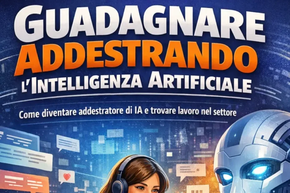 Illustrazione sul guadagnare con l’intelligenza artificiale, con persone che lavorano al computer mentre interagiscono con un robot digitale e interfacce AI futuristiche.