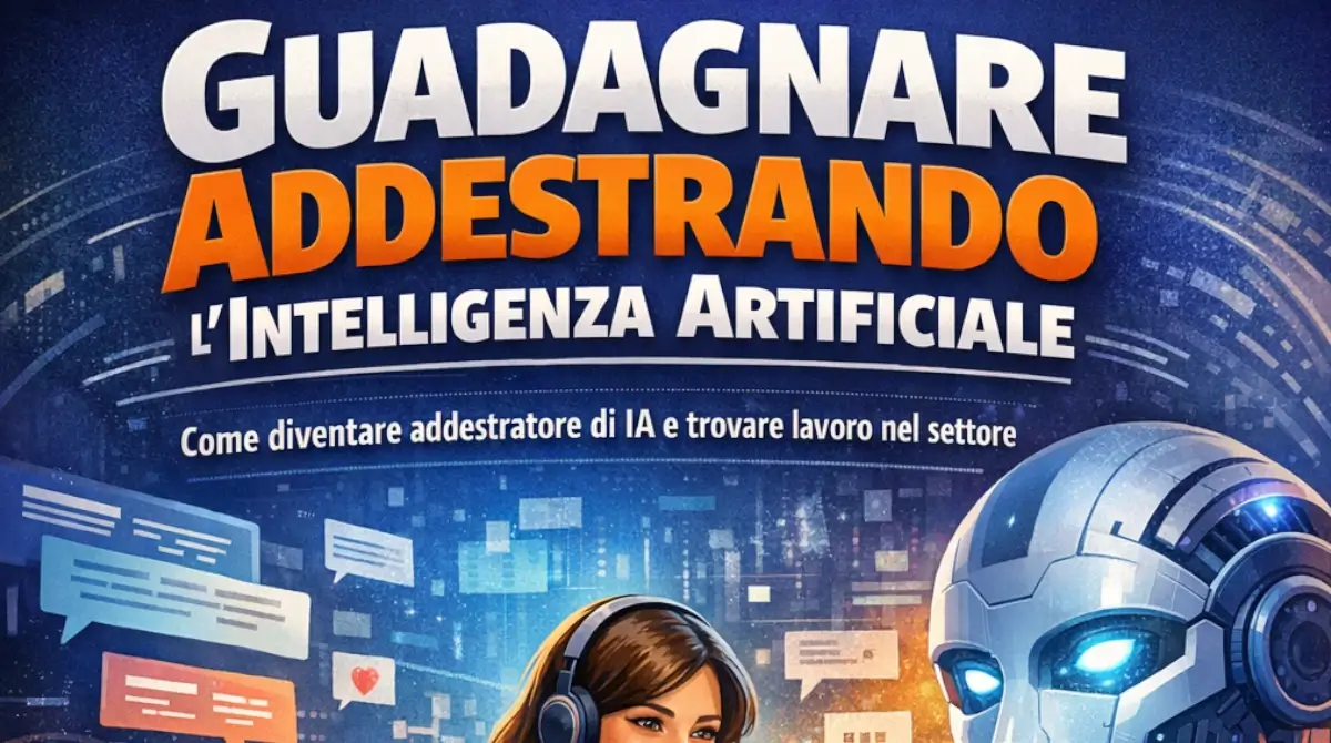 Illustrazione sul guadagnare con l’intelligenza artificiale, con persone che lavorano al computer mentre interagiscono con un robot digitale e interfacce AI futuristiche.