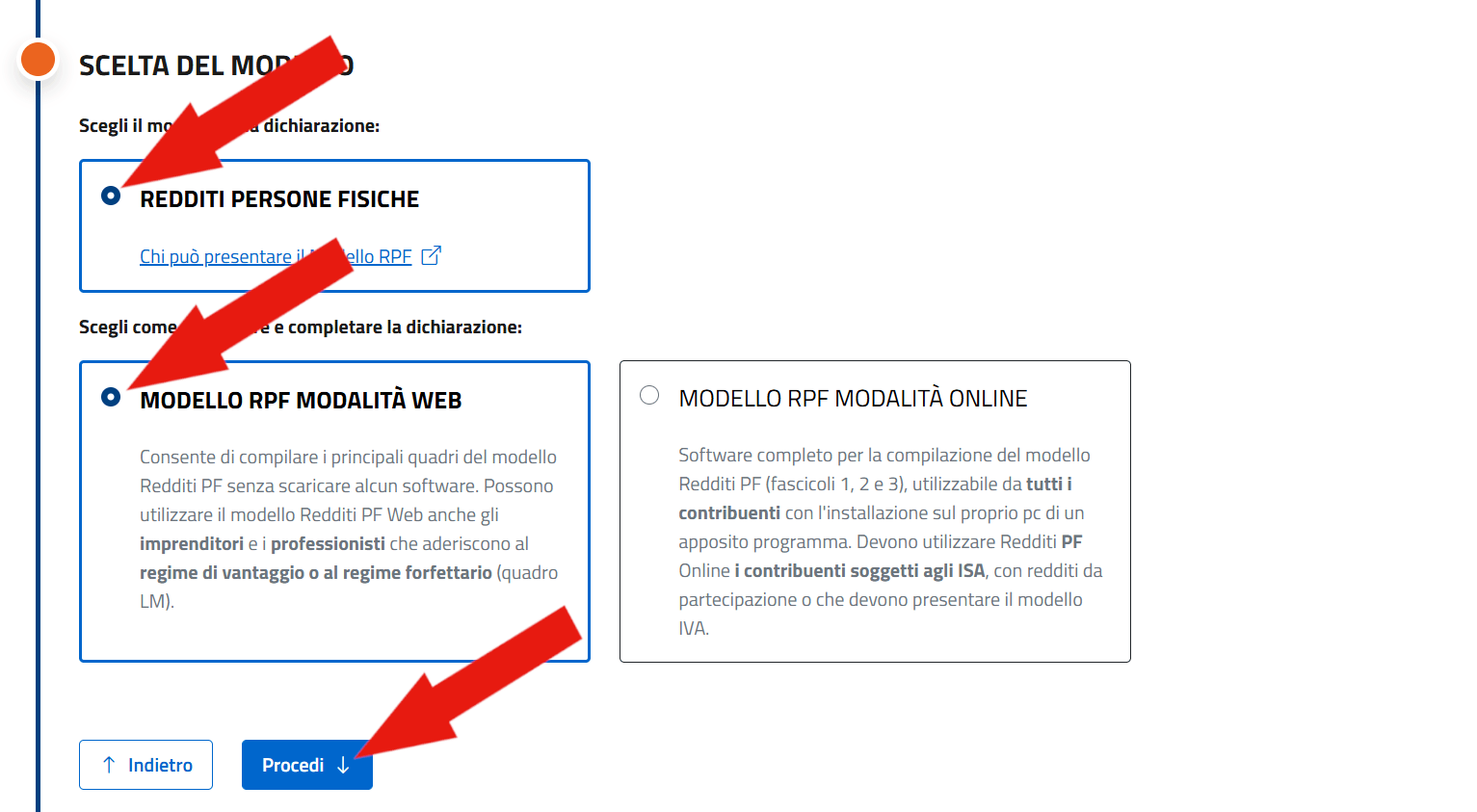 Screenshot della pagina di scelta del modello da utilizzare per la dichiarazione dei redditi precompilata persone fisiche.