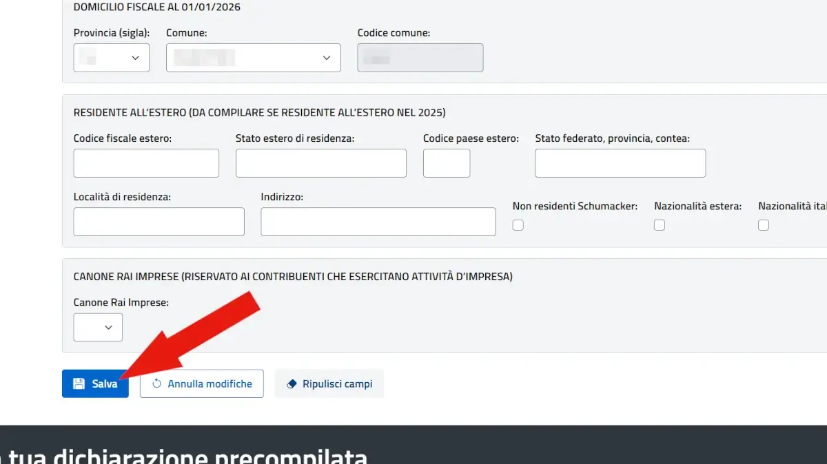 Screenshot del pulsante Salva al fondo del quadro compilato della dichiarazione persone fisiche.