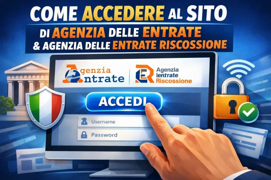 Immagine in evidenza della guida per accedere al sito di agenzia entrate e riscossione, raffigurante una scena di login al sito.