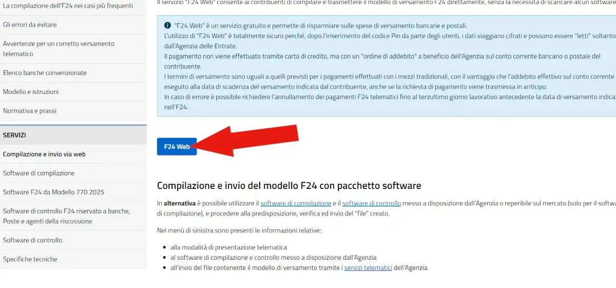 Pagina iniziale del servizio F24 Web sul sito dell'Agenzia delle Entrate.