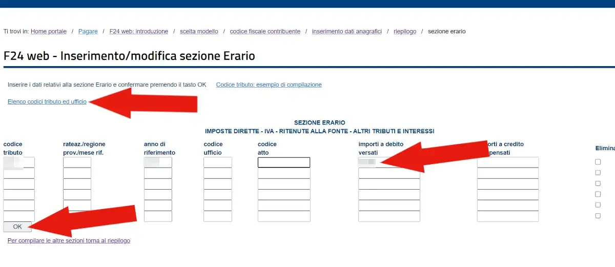 Screenshot dell'inserimento di codice tributo, importo e altri dati nel modello F24 standard sezione erario.