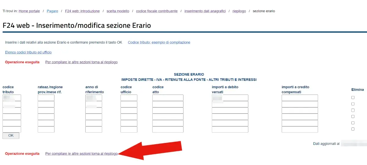 Screenshot della sezione compilata e salvata, da cui cliccare torna al riepilogo per andare a altre sezioni e terminare.