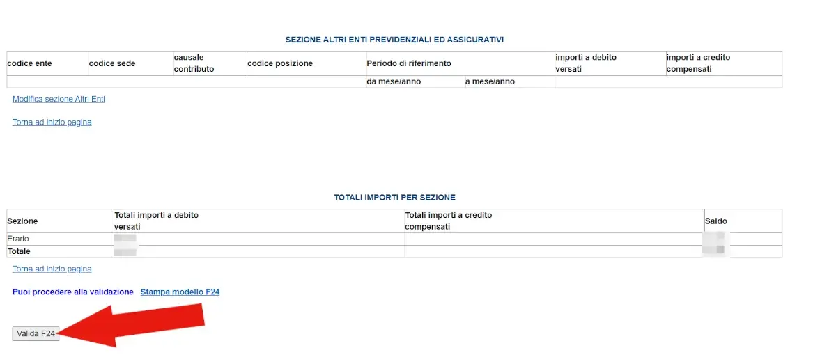 Screenshot del riepilogo finale del modello F24 compilato, con il totale e il tasto valida F24 da cliccare per proseguire.