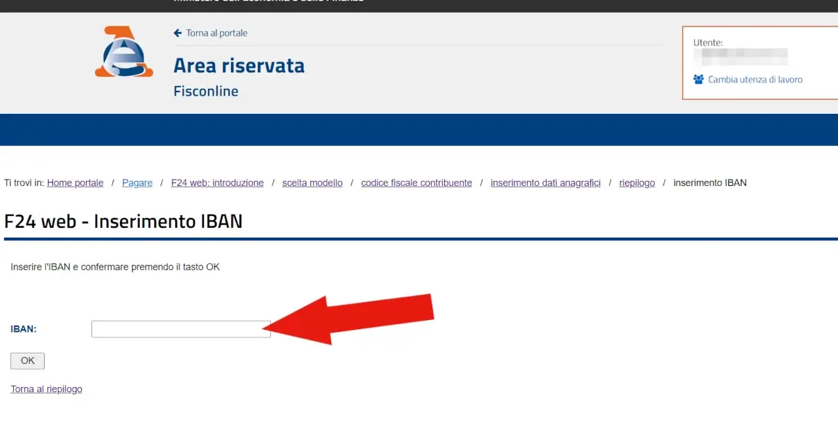 Screenshot dell'ultimo passaggio in cui inserire l'iban su cui l'agenzia delle entrate addebiterà il pagamento.