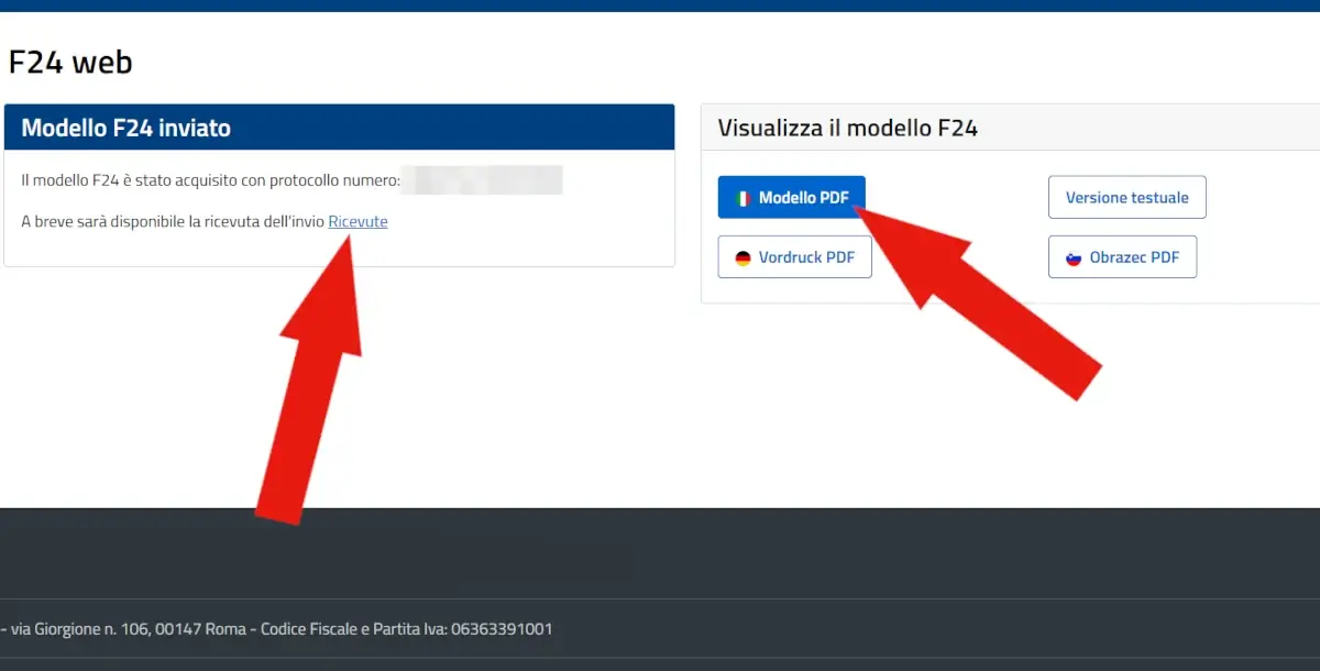 Screenshot della conferma di pagamento da cui scaricare il modello F24 in PDF o la ricevuta di pagamento.