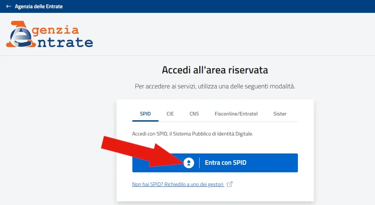 Schermata di accesso al sito di agenzia entrate utilizzando lo Spid, la CIE o la CNS.