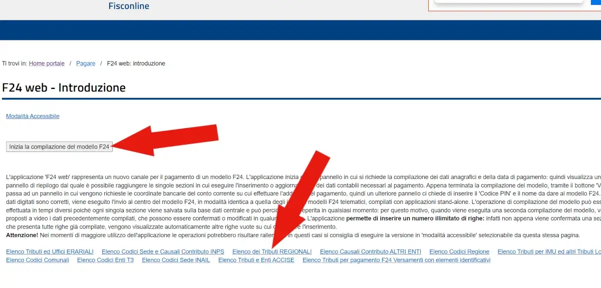 Il pulsante per iniziare la compilazione indicato da un freccia a metà pagina e i link per reperire i codice tributi indicati da un altra sul fondo della pagina.