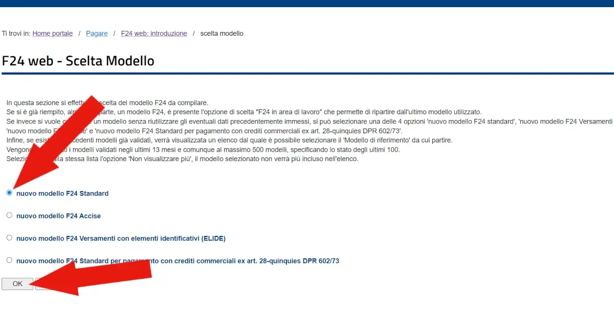 Pagina con elenco da cui selezionare il modello F24 da compilare, tra standard, accise, elide o compensazione.