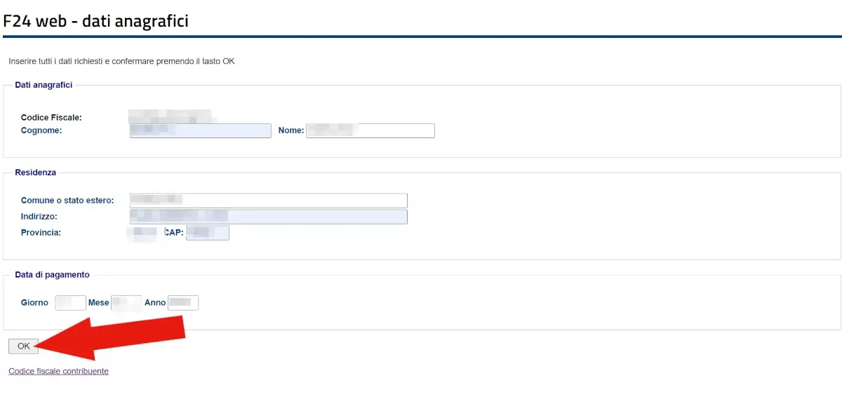 Sezione del modello F24 standard in cui inserire i dati anagrafici del contribuente o coobbligato.