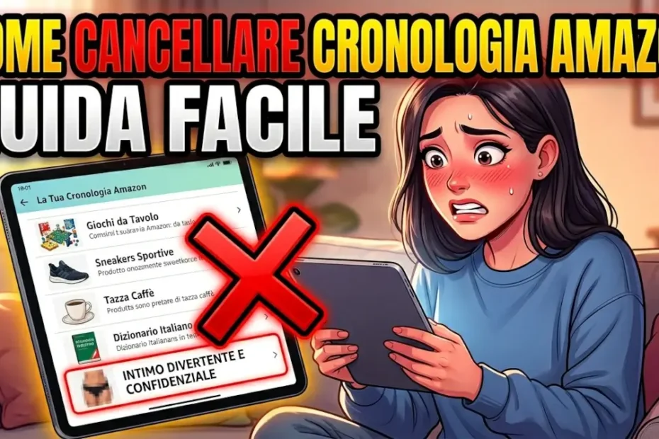 Una ragazza imbarazzata di fronte a una ricerca privata su Amazon e il titolo Come cancellare la cronologia Amazon.
