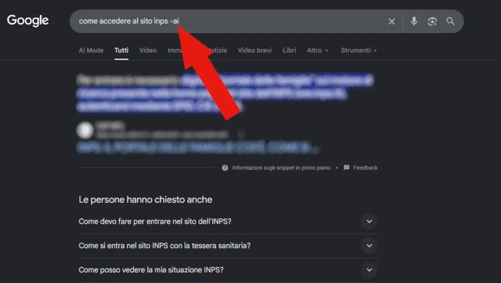 Screenshot della pagina di ricerca di Google. Nella barra di ricerca il testo Come accedere al sito inps -ai e una freccia indica -ai.