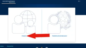 Screenshot della homepage della pagina agenza passaporto online della questura con il pulsante Cittadini da cliccare.