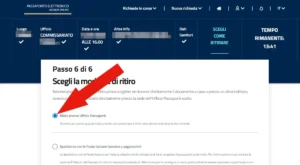 Screeenshot dell'ultimo passaggio in cui selezionare come ritirare o ricevere il passaporto.