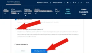 Screenshot della selezione Spedizione del passaporto con Poste italiane e del tasto salva appuntamento.