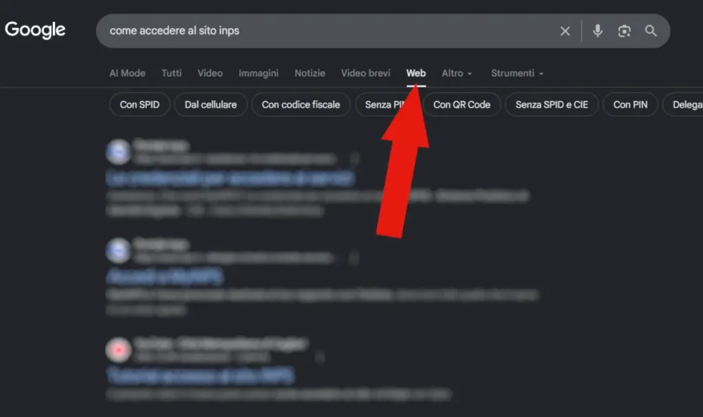 Screenshot di una pagina di ricerca su Google. Una freccia indica la voce Web nel menù orizzontale per visualizzare risultati senza ai overview.