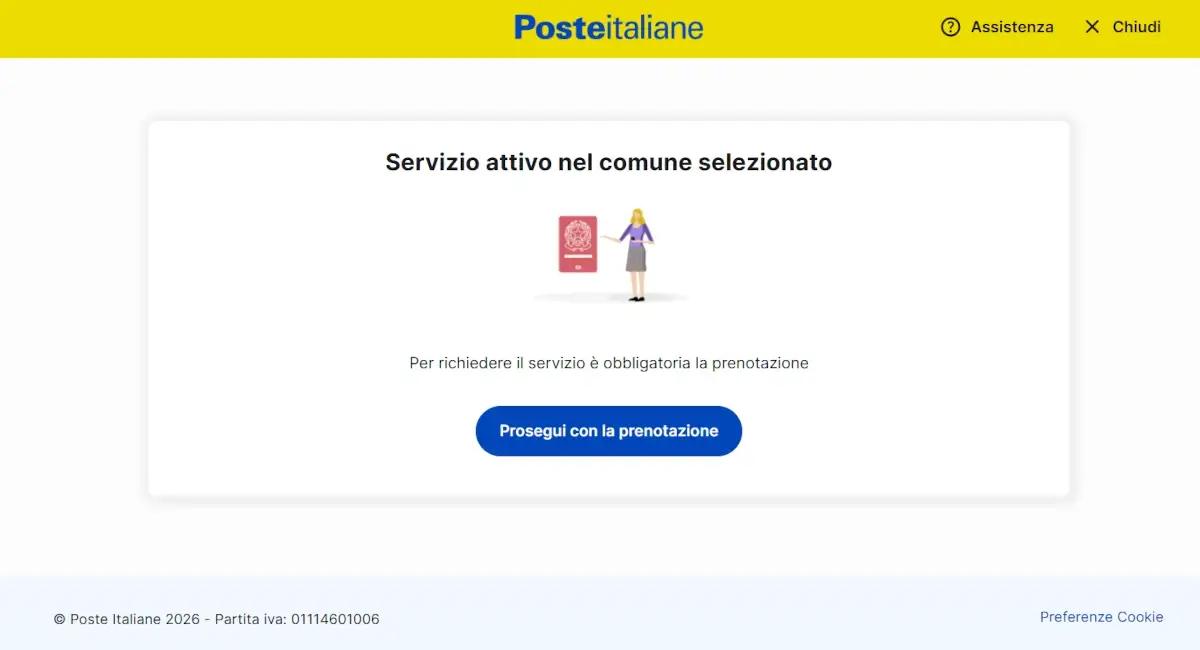 Screenshot dell'avviso di servizio attivo per la richiesta del passaporto nel comune selezionato.