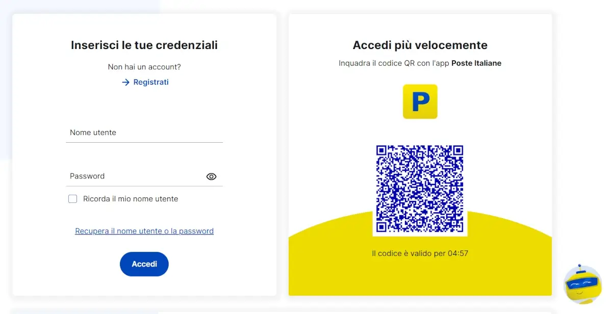 Screenshot della schermata di accesso al sito di Poste italiane con credenziali o Qr Code.