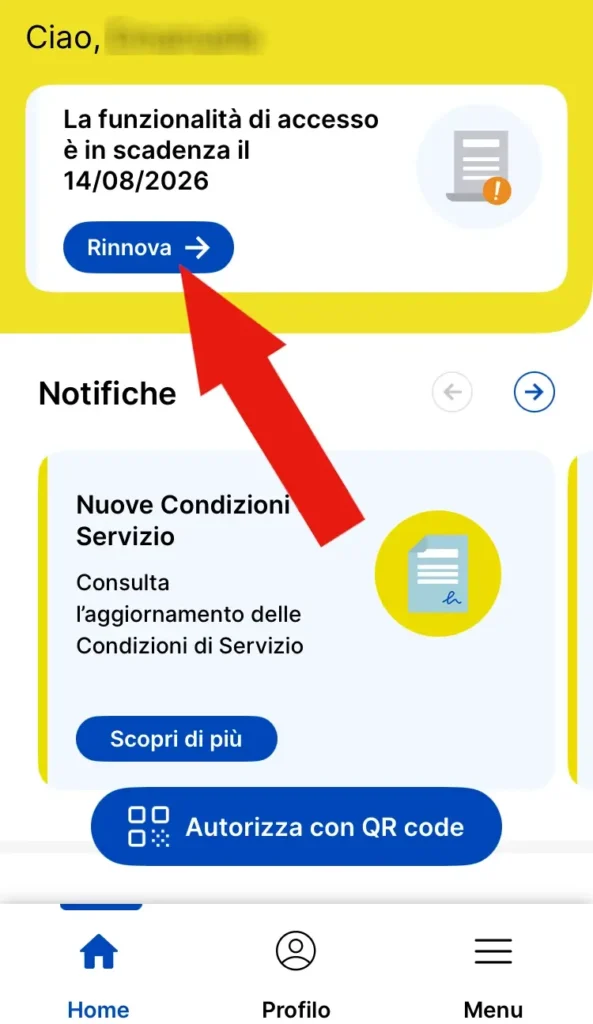 Screenshot di Homepage dell'app PosteID con l'avviso che informa della scadenza dello spid e il tasto Rinnova indicato dalla freccia, da cliccare per procedere.