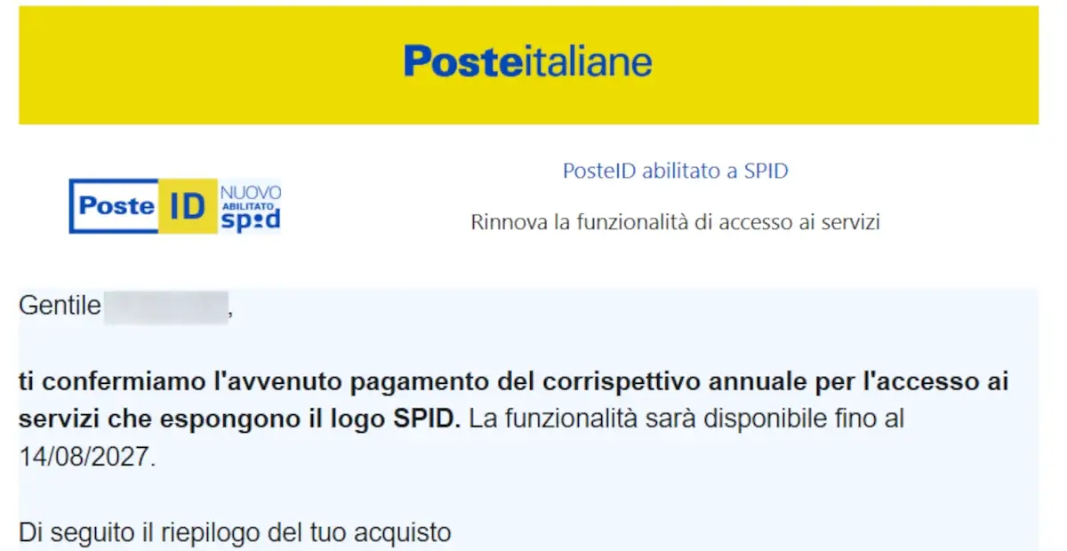 Screenshot dell'email di conferma del rinnovo dello SPID di Poste Italiane PosteID.