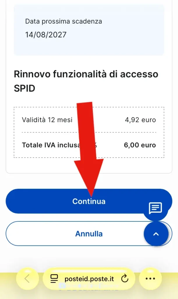 Screenshot della pagina dell'app PosteID che indica la data di scadenza dello SPID e la cifra da pagare.