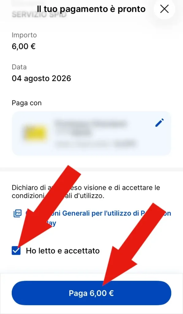 Screenshot della parte finale del pagamento per il rinnovo dello SPID posteID con il tasto paga e la casella per accettare i termini,