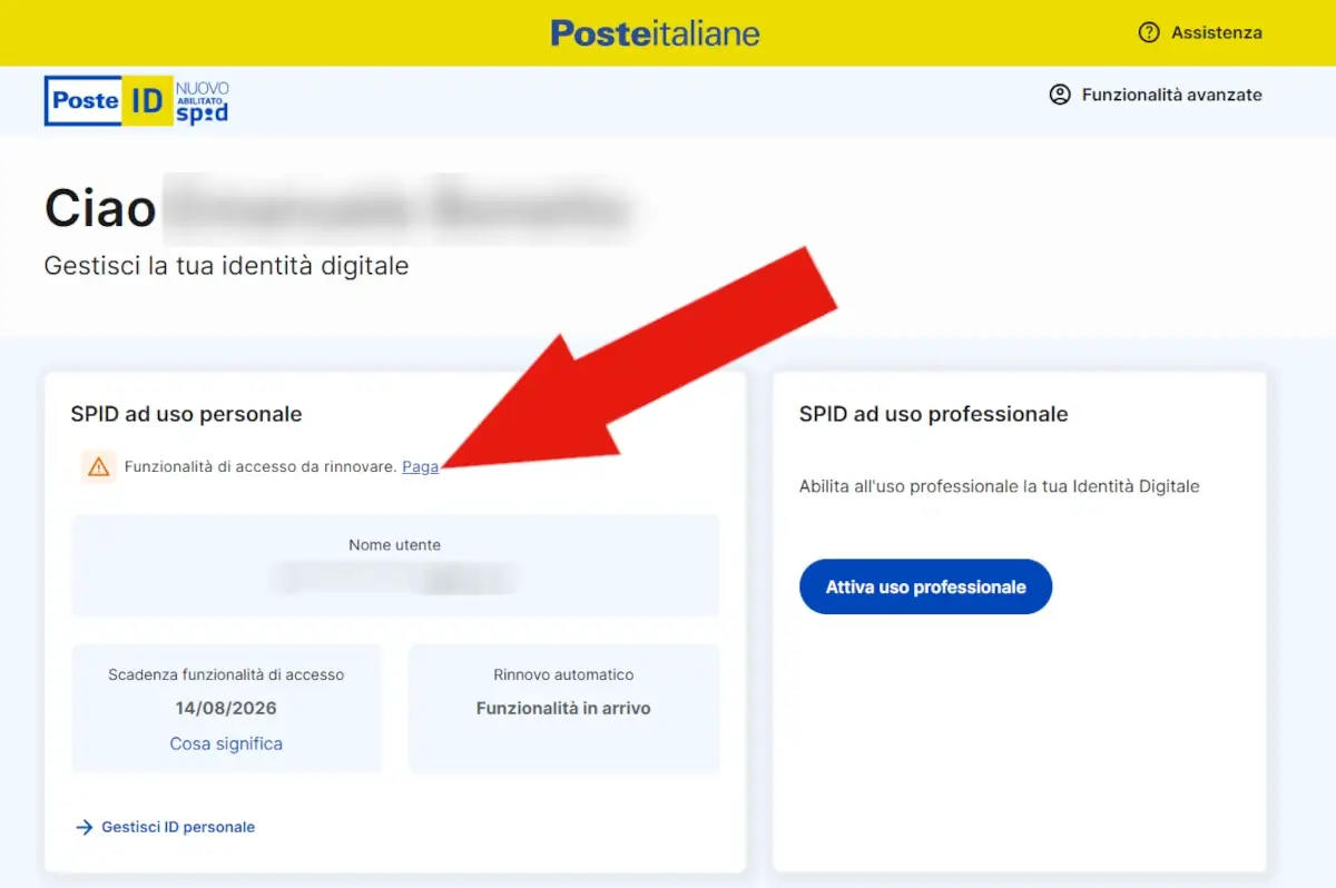 Screenshot dell'homepage di PosteID dopo l'accesso, con l'avviso di scadenza dello SPID e la voce Paga da cliccare.