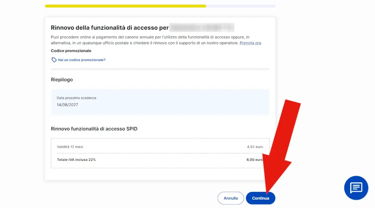 Screenshot del riepilogo della scadenza dello SPID e della data del prossimo rinnovo, oltre che del prezzo, prima di cliccare continua.
