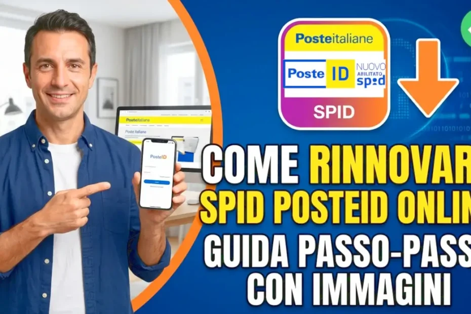 Immagine in evidenza della guida che spiega come rinnovare lo spid di poste italiane PosteID online in autonomia, con il titolo e un uomo che indica lo schermo del telefono nella sua mano.