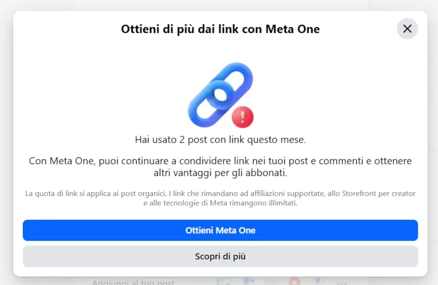 Screenshot dell'avviso che comunica alle pagina Facebook il limite di due link pubblicabili al mese.