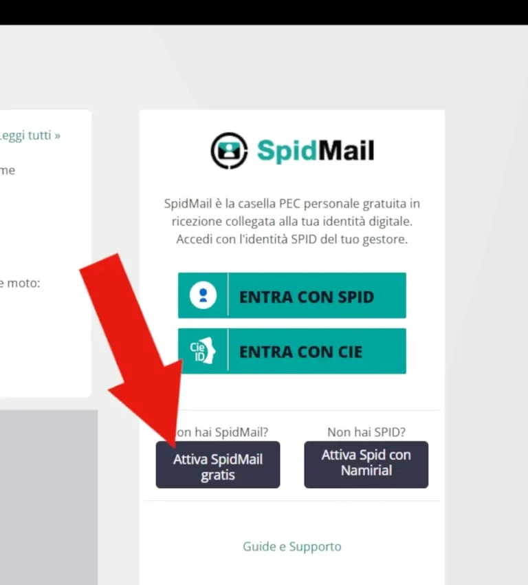 Screenshot della homepage del sito di SpidMail e una freccia indica il pulsante Attiva SpidMail da cliccare per aprire una PEC Namirial.