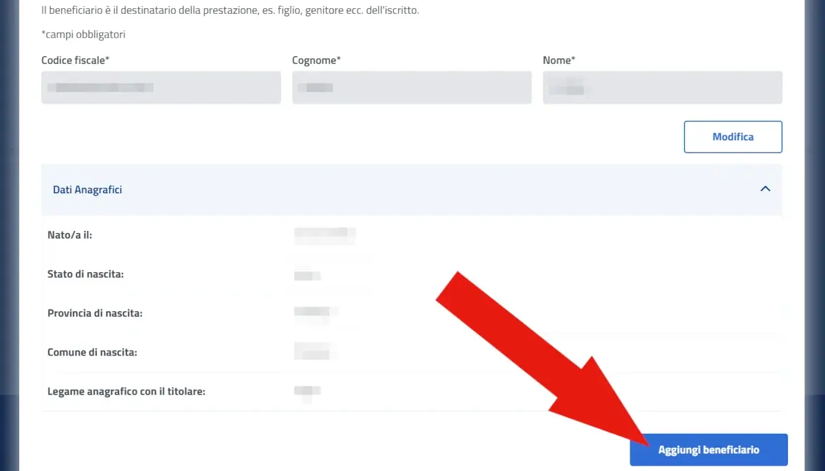Screenshot del riepilogo dei dati rilevati da INPS sul beneficiario inserito.