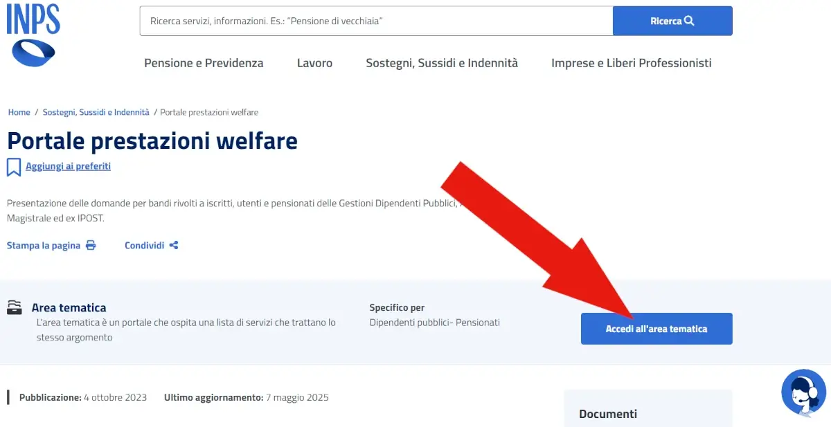 Schermata di accesso all'area tematica del portale prestazioni welfare di Inps.