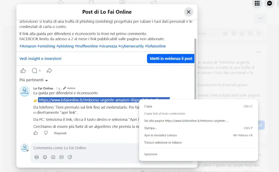 Screenshot di una pagina Facebook dal PC sul browser con un link in un commento evidenziato, e il menù tasto destro aperto.