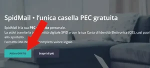 Screenshot della pagina del servizi SpidMail e una freccia indica il pulsante da cliccare Attiva Gratis.