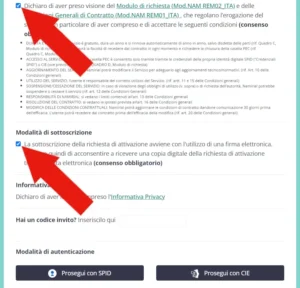 Screenshot della sezione dove selezionare le caselle per accettare i termini e attivare la PEC SpidMail.