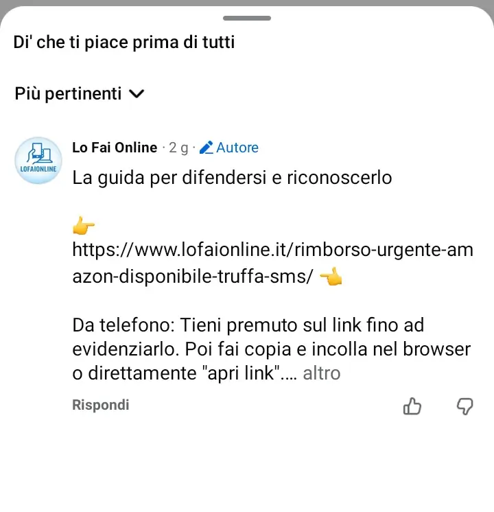 Screenshot di un link non cliccabile in un commento su Facebook tramite l'App.