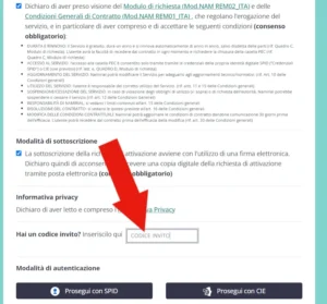 Screenshot della sezione in cui inserire il codice di invito ad attivare la PEC gratis Namirial.