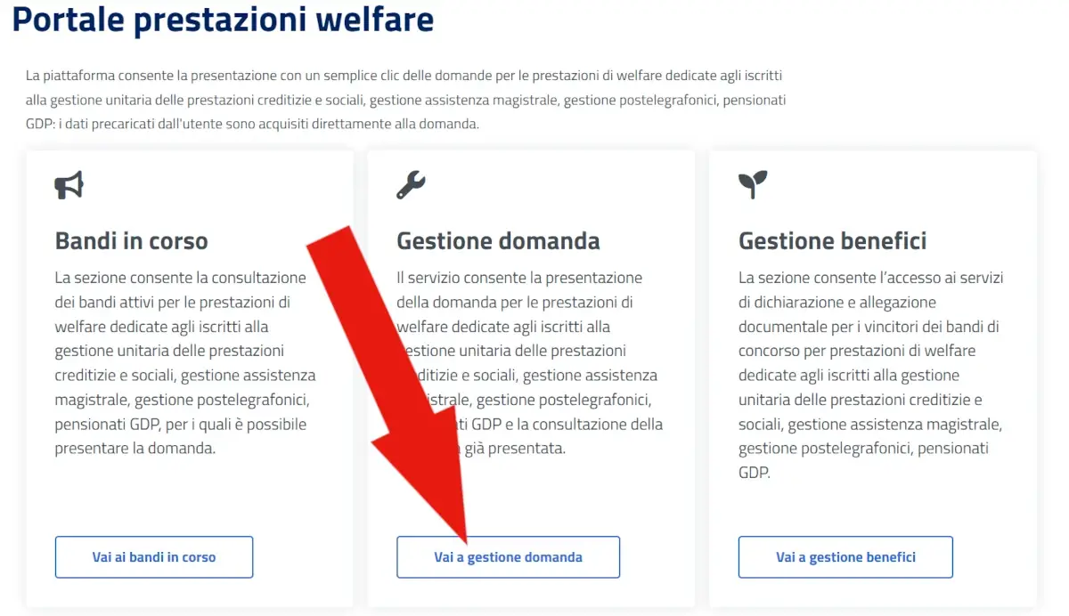 Pagina del portale welfare INPS dopo l'accesso con i riquadri bandi in corso, gestione domanda e gestione benefici.