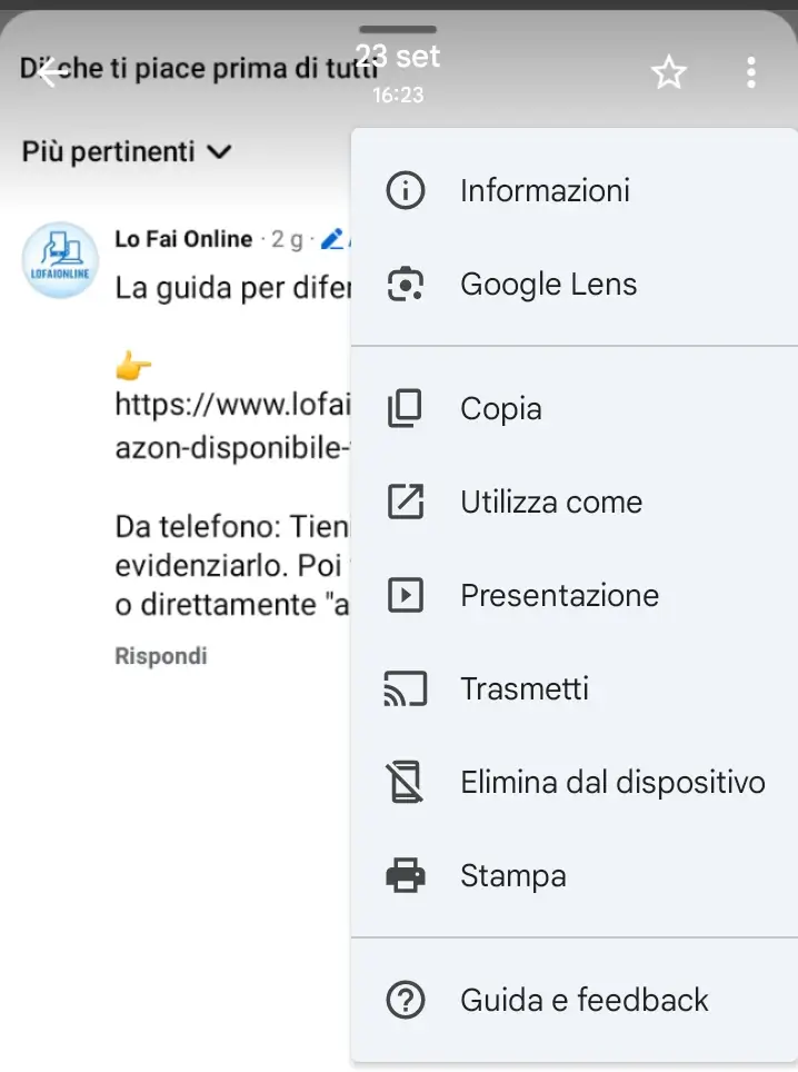 Screenshot dello screenshot aperto sull'App foto, con il menù di gestione da cui cliccare su Google Lens.