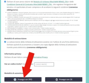 Screenshot dei pulsanti Prosegui con SPID e con CIE per attivare la PEC SpidMail.